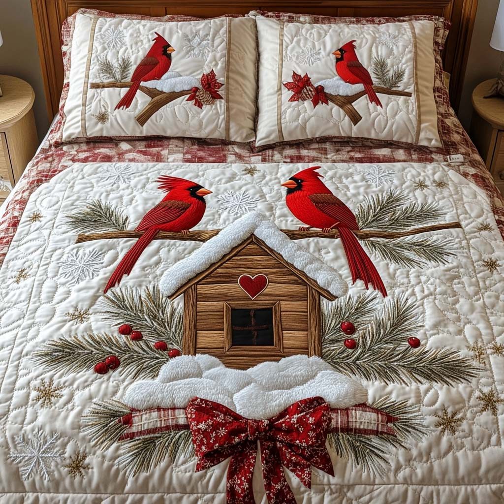 Cozy Cabin quilted 3-piece bedding set on a made bed with two matching pillow shams