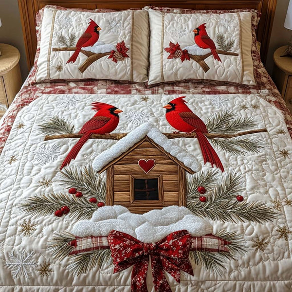 Cozy Cabin quilted 3-piece bedding set on a made bed with two matching pillow shams