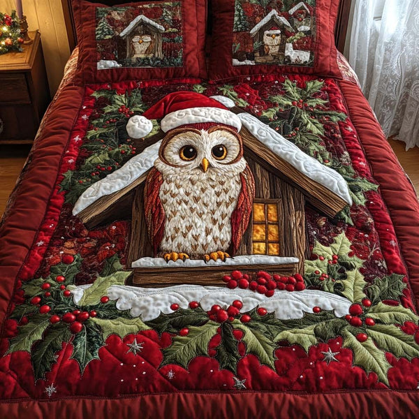 Cozy Cabin quilted 3-piece bedding set on a made bed with two matching pillow shams