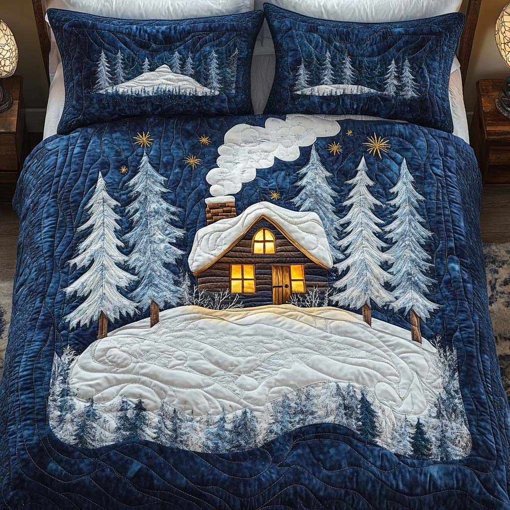 Cozy Cabin quilted 3-piece bedding set on a made bed with two matching pillow shams