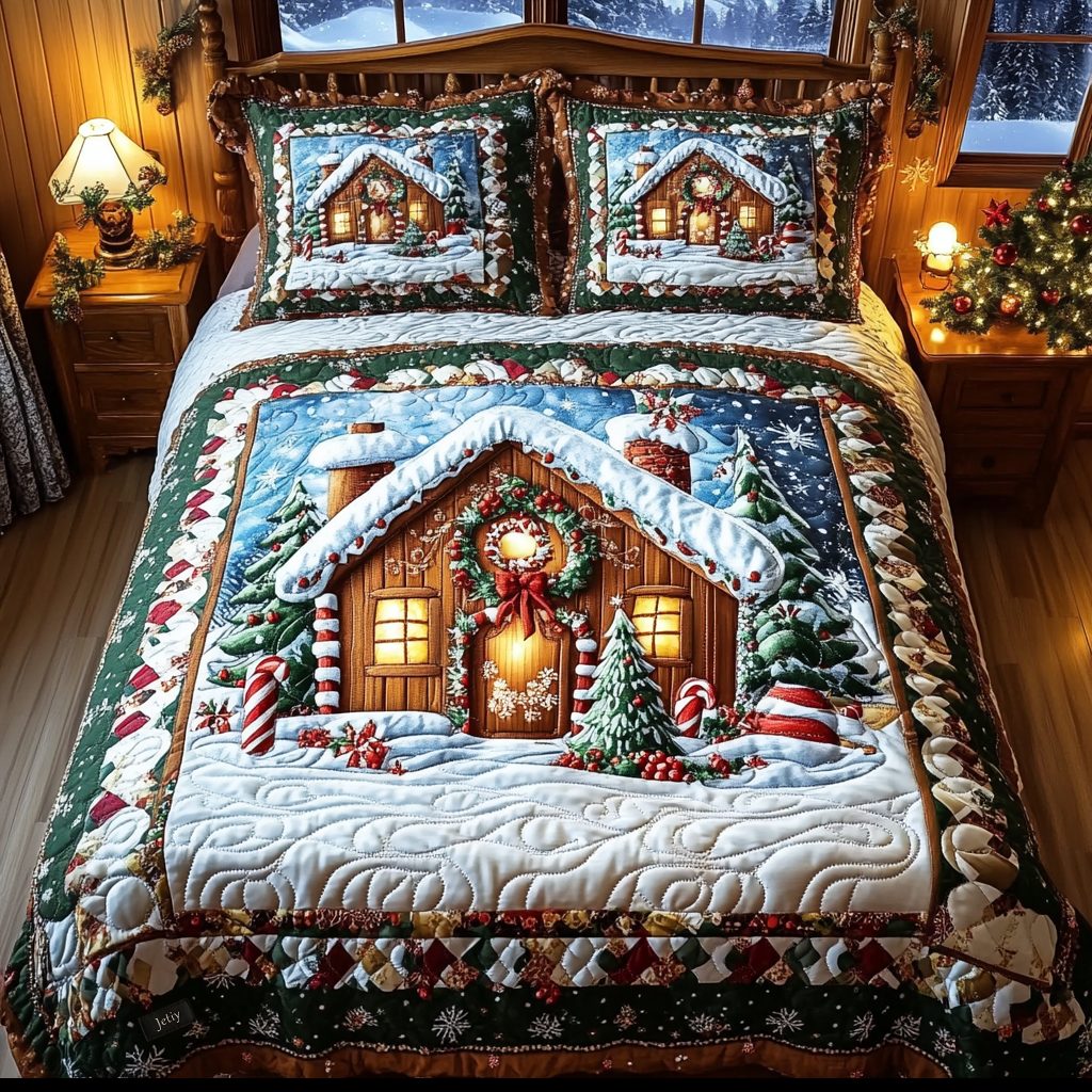 Cozy Cabin Retreat quilted 3-piece bedding set on a made bed with two matching pillow shams