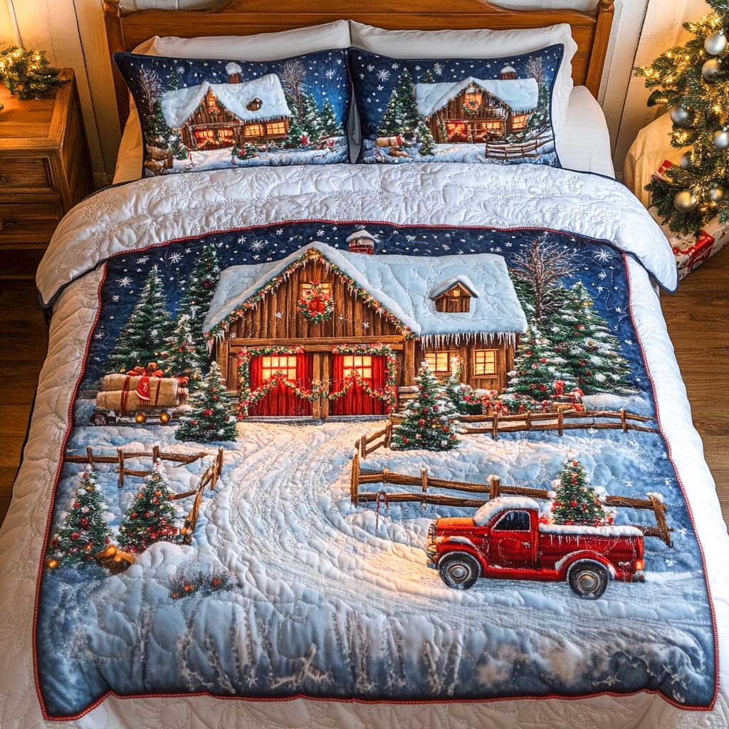 Cozy Cabin Wonderland quilted 3-piece bedding set on a made bed with two matching pillow shams