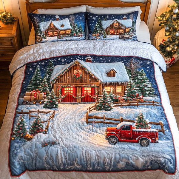 Cozy Cabin Wonderland quilted 3-piece bedding set on a made bed with two matching pillow shams