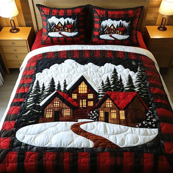 Cozy Cabins quilted 3-piece bedding set on a made bed with two matching pillow shams
