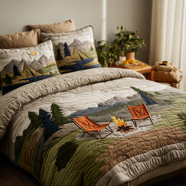 Cozy Camp quilted 3-piece bedding set on a made bed with two matching pillow shams