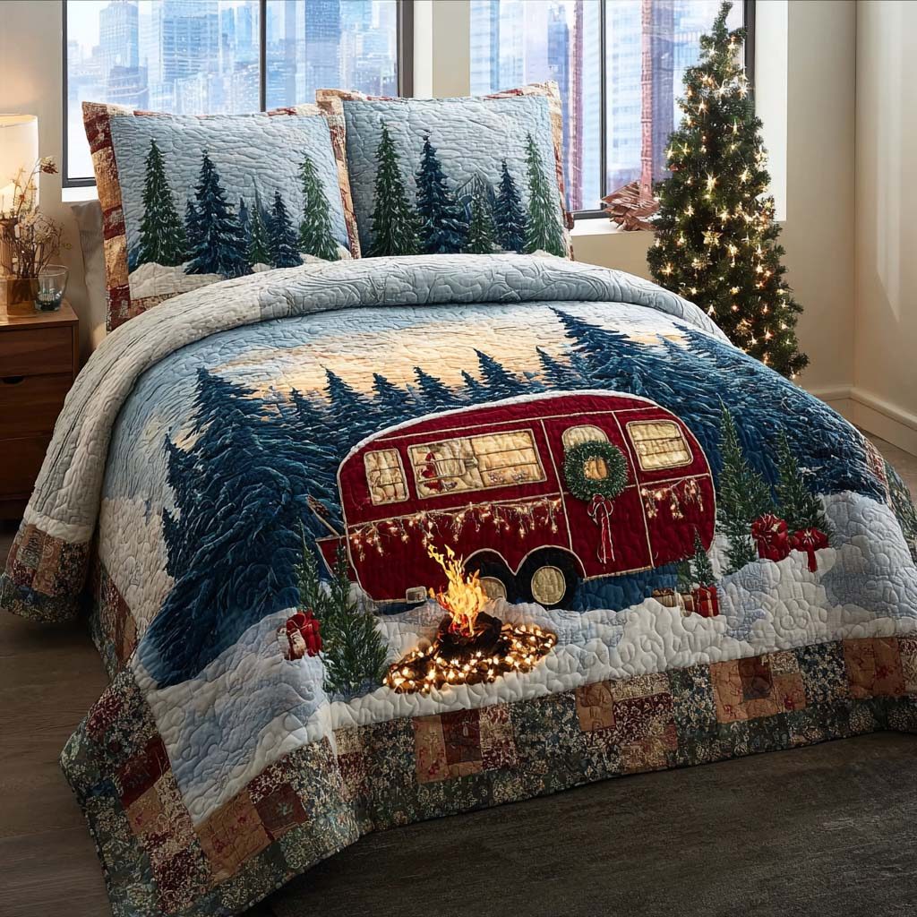 Cozy Camp Xmas quilted 3-piece bedding set on a made bed in a winter-styled bedroom