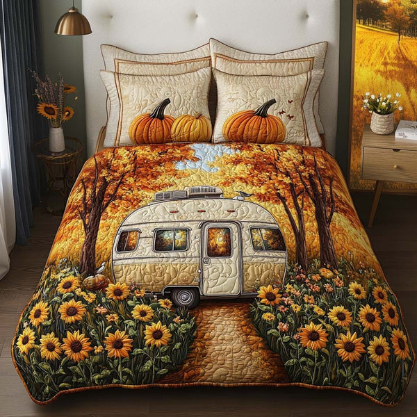 Cozy Camper Path quilted 3-piece bedding set on a made bed with two matching pillow shams