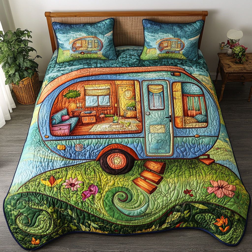 Cozy Camper quilted 3-piece bedding set on a made bed with two matching pillow shams
