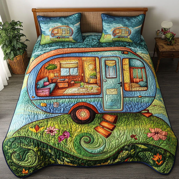 Cozy Camper quilted 3-piece bedding set on a made bed with two matching pillow shams