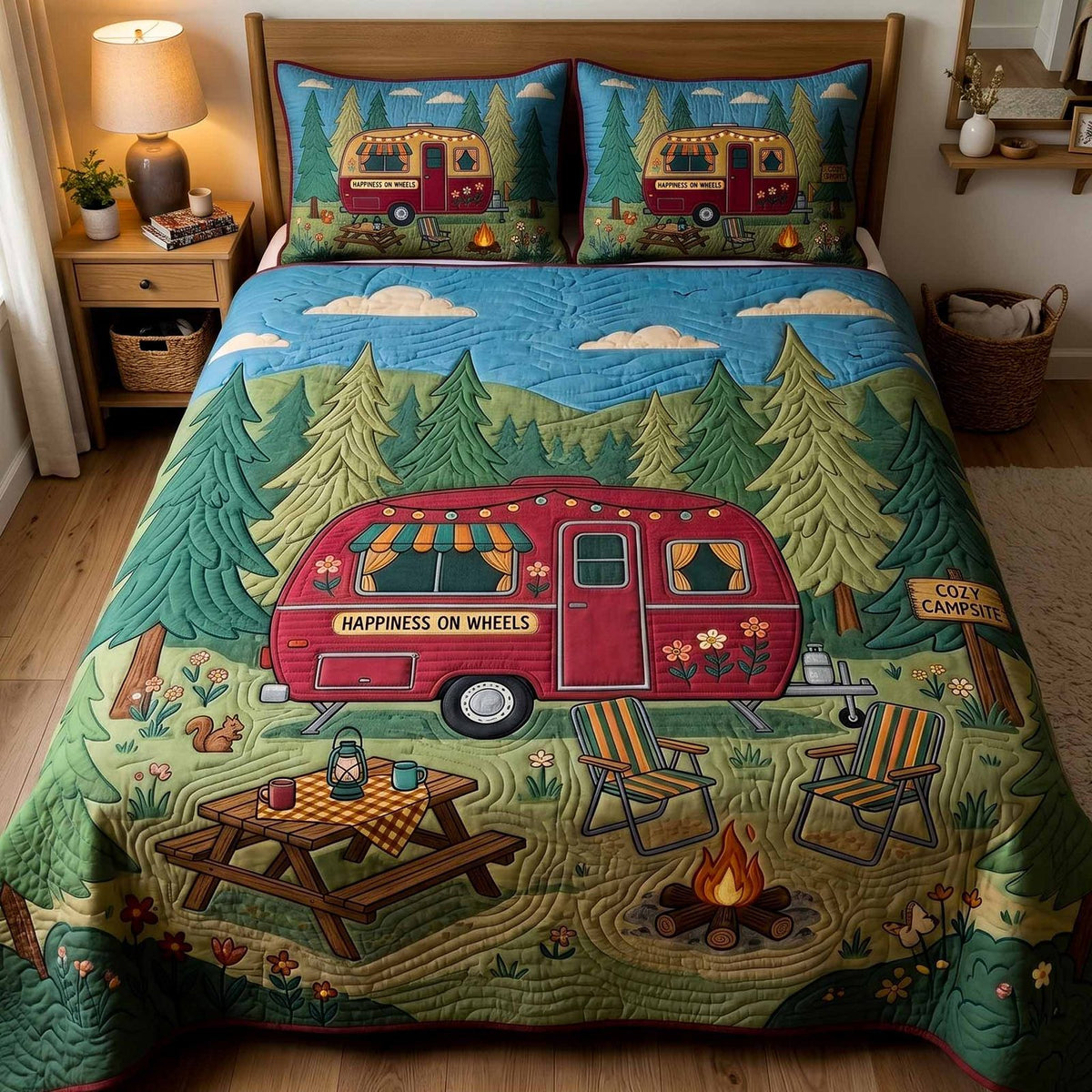 Cozy Camper quilted 3-piece bedding set on a made bed with two matching pillow shams