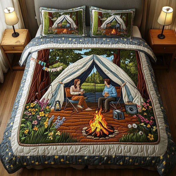Cozy Campers quilted 3-piece bedding set on a made bed with two matching pillow shams