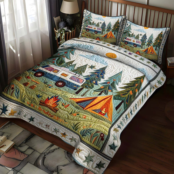 Cozy Campout quilted 3-piece bedding set on a made bed with two matching pillow shams