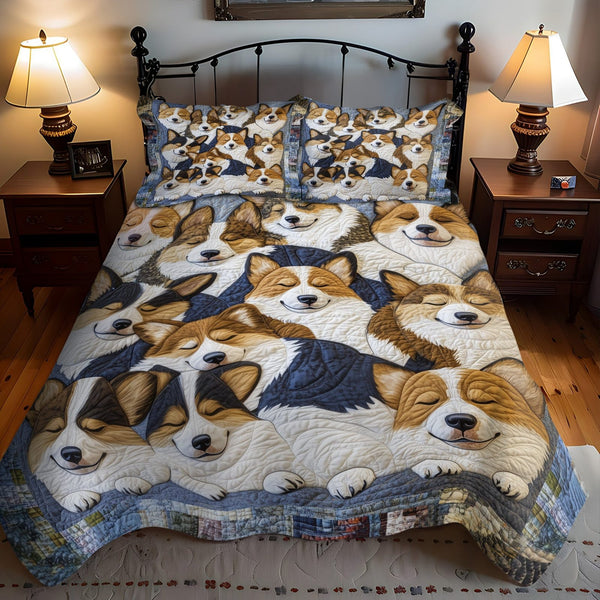 Cozy Canine Slumber quilted 3-piece bedding set on a made bed with two matching pillow shams