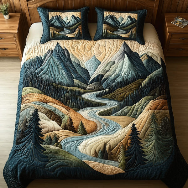 Cozy Canyon Nights quilted 3-piece bedding set on a made bed with two matching pillow shams