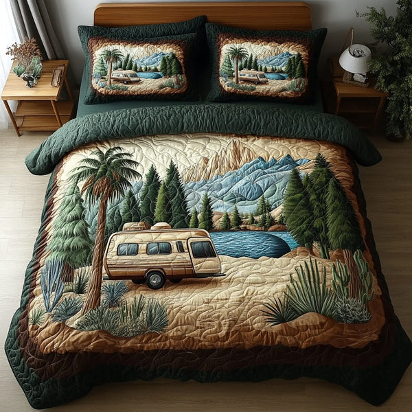Cozy Caravan quilted 3-piece bedding set on a made bed with two matching pillow shams