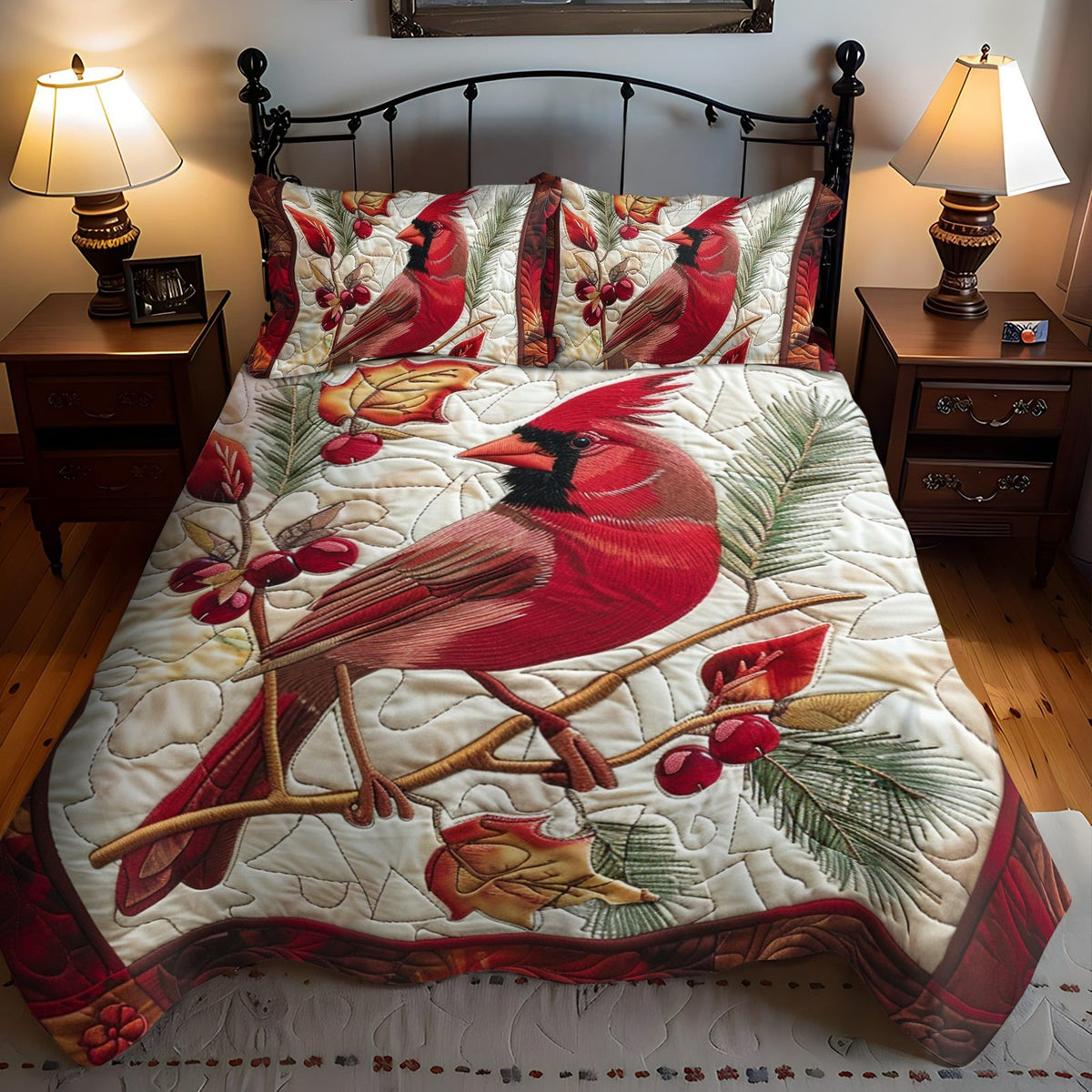 Cozy Cardinal Bird quilted 3-piece bedding set on a made bed with two matching pillow shams
