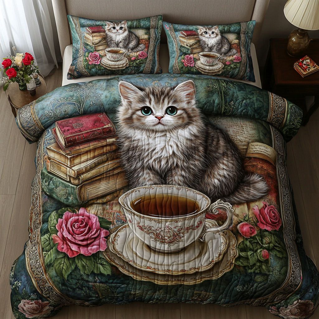 Cozy Cat Corner quilted 3-piece bedding set on a made bed with two matching pillow shams
