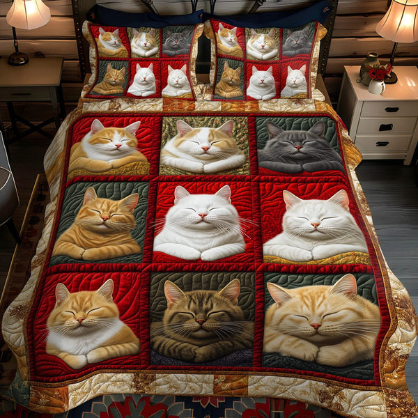 Cozy Cat Dreams quilted 3-piece bedding set on a made bed with two matching pillow shams