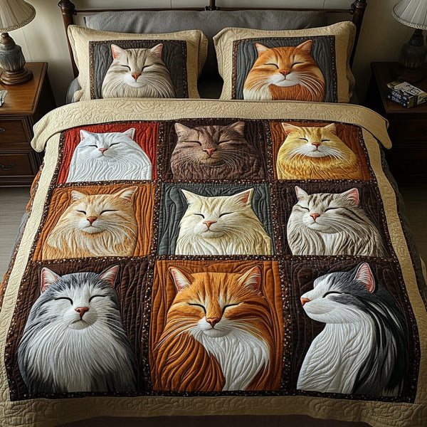Cozy Cat Haven quilted 3-piece bedding set on a made bed with two matching pillow shams