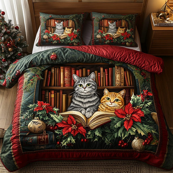 Cozy Cat Library quilted 3-piece bedding set on a made bed with two matching pillow shams