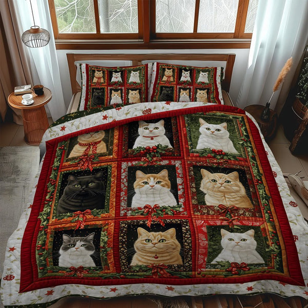 Cozy Cat quilted 3-piece bedding set on a made bed with two matching pillow shams