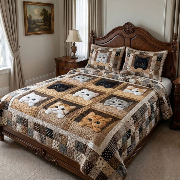 Cozy Cat Squares quilted 3-piece bedding set on a made bed with two matching pillow shams