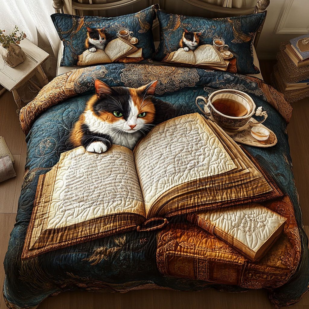 Cozy Cat Stories quilted 3-piece bedding set on a made bed with two matching pillow shams