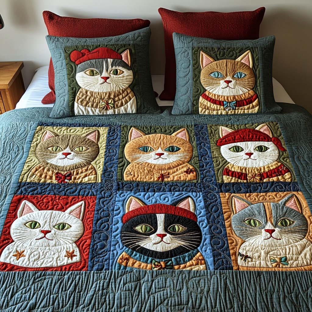Cozy Cat Tales quilted 3-piece bedding set on a made bed with two matching pillow shams