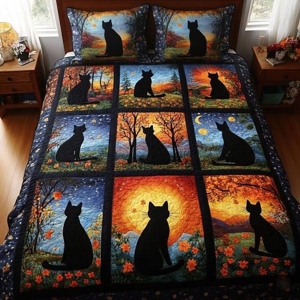 Cozy Cats quilted 3-piece bedding set on a made bed with two matching pillow shams
