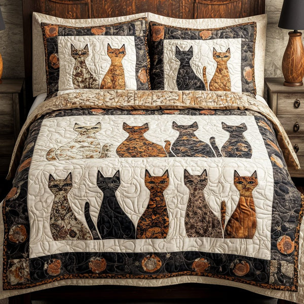 Cozy Cats quilted 3-piece bedding set on a made bed with two matching pillow shams