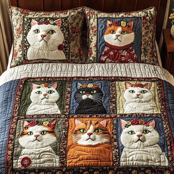 Cozy Cats quilted 3-piece bedding set on a made bed with two matching pillow shams