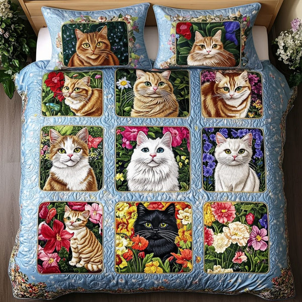 Cozy Cats quilted 3-piece bedding set on a made bed with two matching pillow shams
