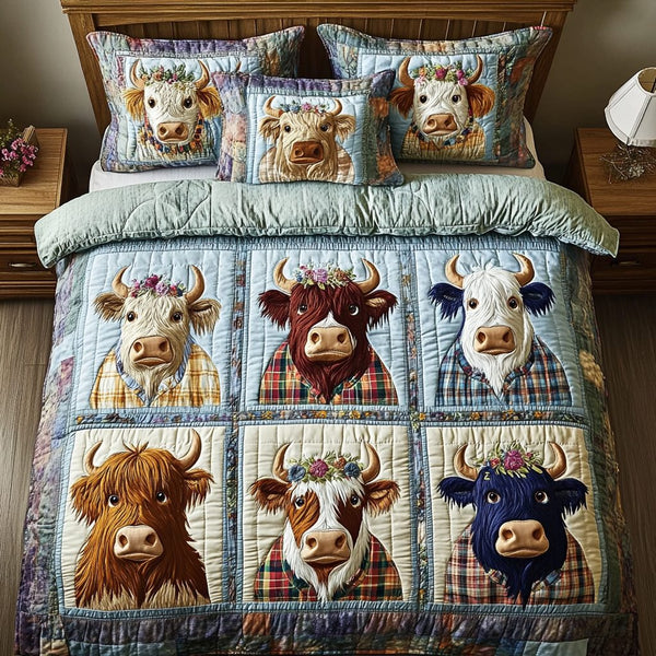 Cozy Cattle quilted 3-piece bedding set on a made bed in a rustic timber bedroom