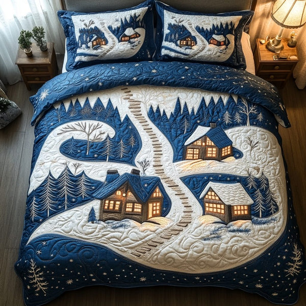 Cozy Chalet Nights quilted 3-piece bedding set on a made bed with two matching pillow shams