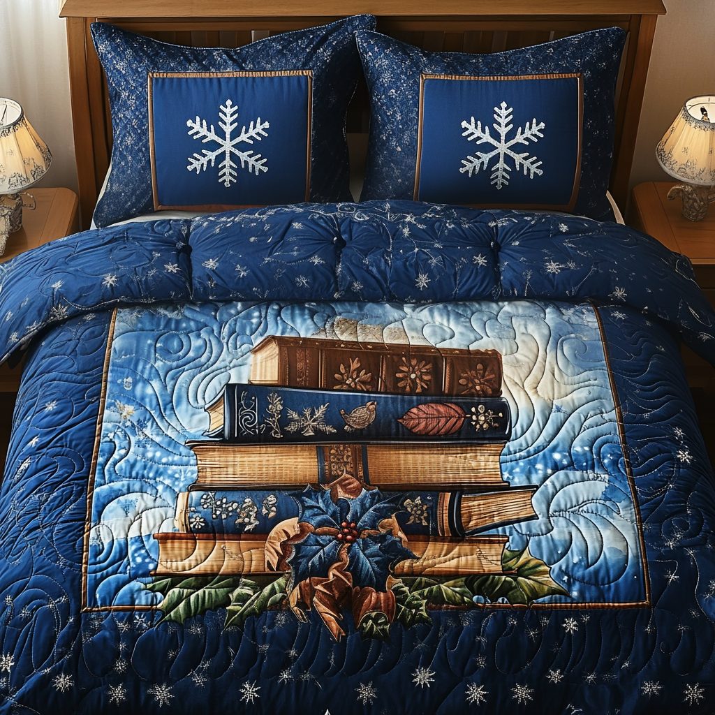 Cozy Chapter quilted 3-piece bedding set on a made bed with two matching pillow shams