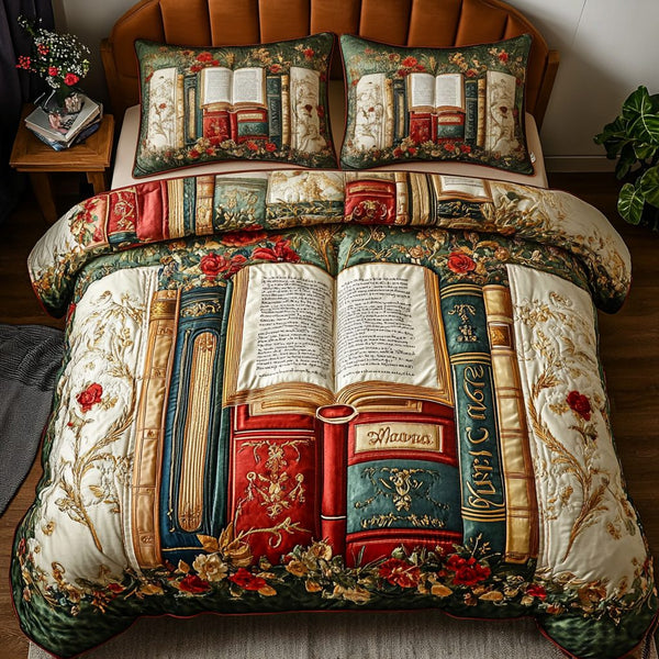 Cozy Chapters quilted 3-piece bedding set on a made bed with two matching pillow shams