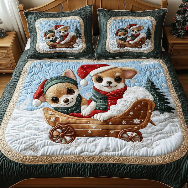 Cozy Chi Christmas quilted 3-piece bedding set on a made bed in a winter-styled bedroom