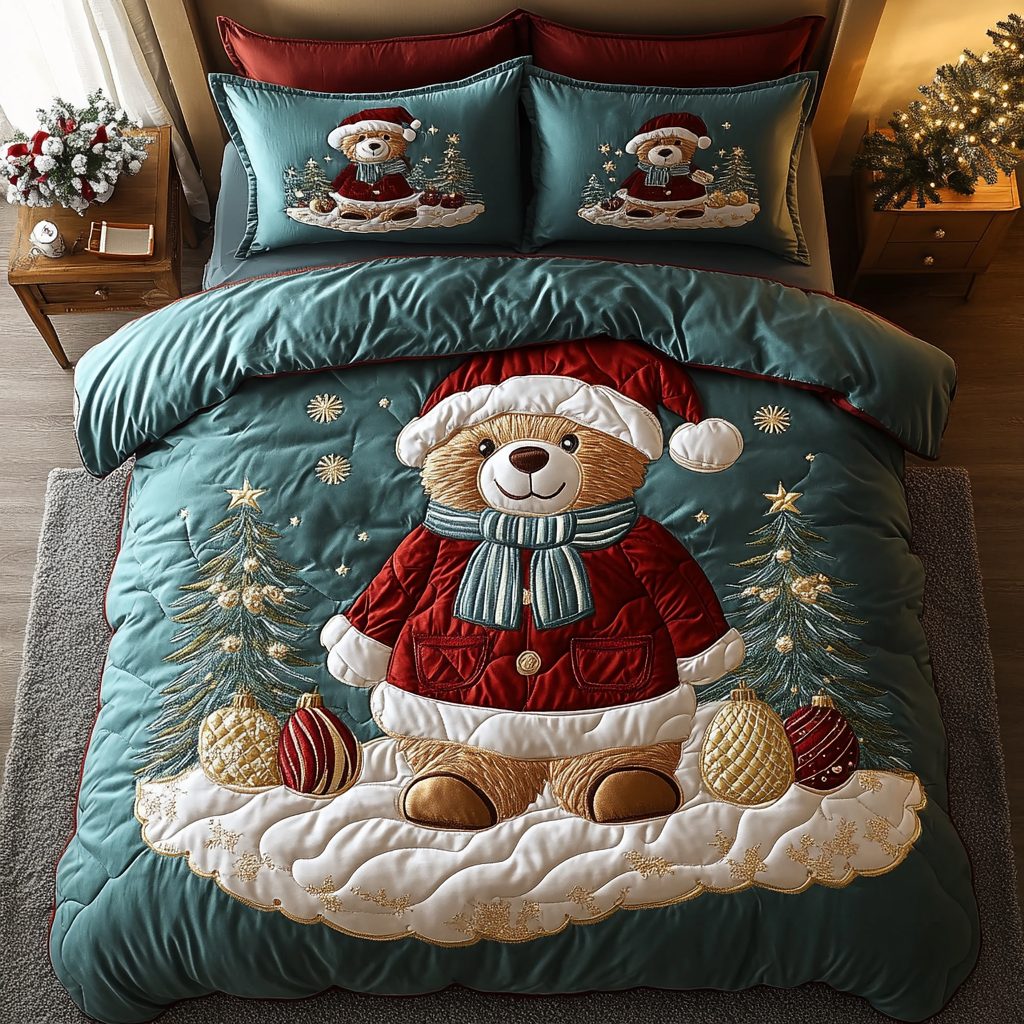 Cozy Christmas Bear quilted 3-piece bedding set on a made bed in a winter-styled bedroom