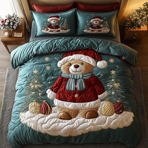 Cozy Christmas Bear quilted 3-piece bedding set on a made bed in a winter-styled bedroom
