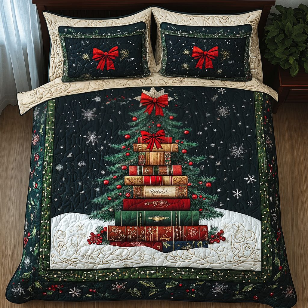 Cozy Christmas Book quilted 3-piece bedding set on a made bed in a winter-styled bedroom