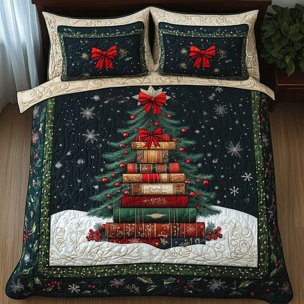 Cozy Christmas Book quilted 3-piece bedding set on a made bed in a winter-styled bedroom