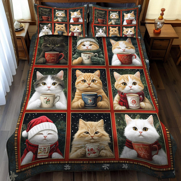 Cozy Christmas Cats quilted 3-piece bedding set on a made bed in a winter-styled bedroom