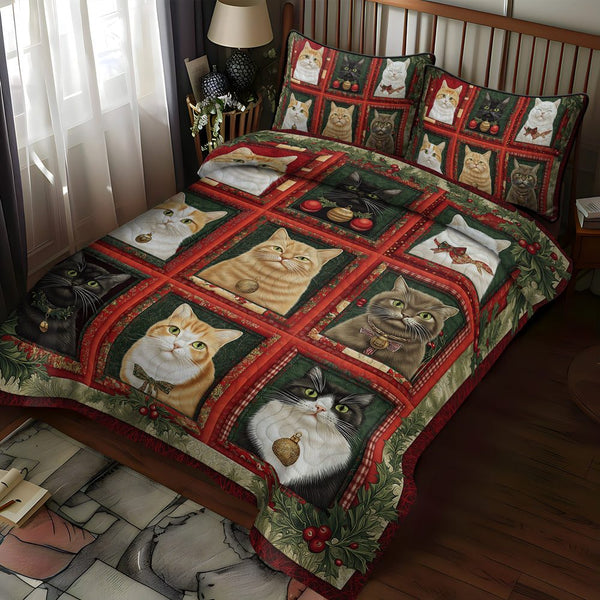 Cozy Christmas Cats quilted 3-piece bedding set on a made bed in a winter-styled bedroom