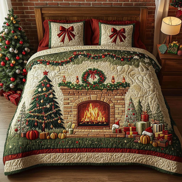 Cozy Christmas Eve quilted 3-piece bedding set on a made bed in a winter-styled bedroom