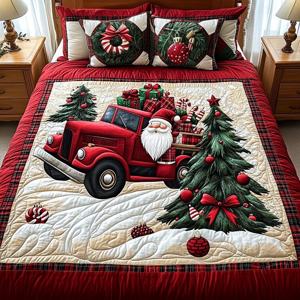 Cozy Christmas Eve quilted 3-piece bedding set on a made bed in a winter-styled bedroom