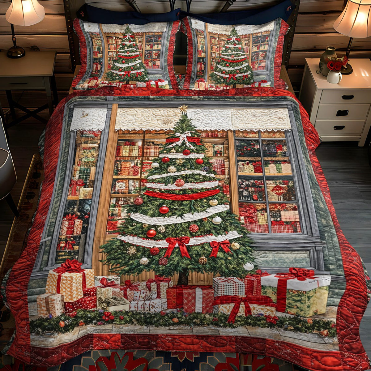 Cozy Christmas Eve quilted 3-piece bedding set on a made bed in a winter-styled bedroom