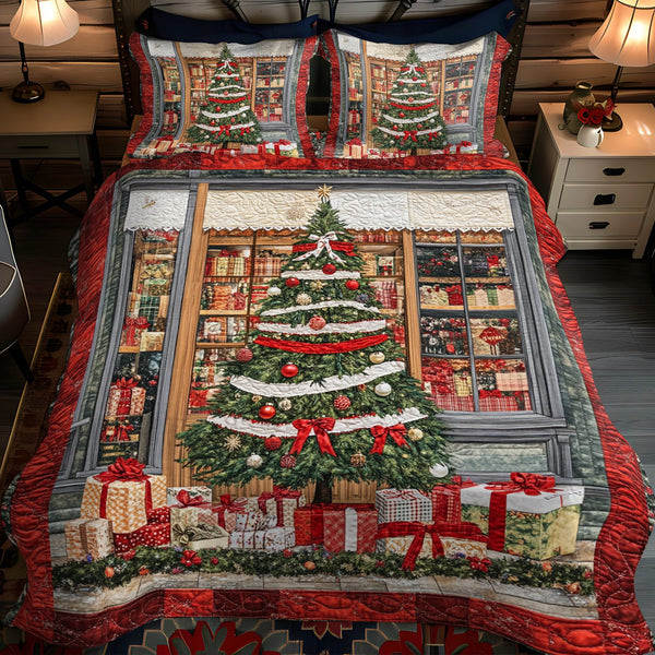Cozy Christmas Eve quilted 3-piece bedding set on a made bed in a winter-styled bedroom