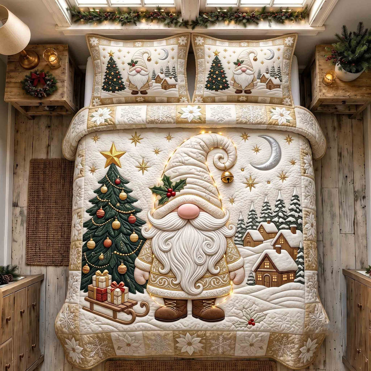 Cozy Christmas Gnome quilted 3-piece bedding set on a made bed in a winter-styled bedroom
