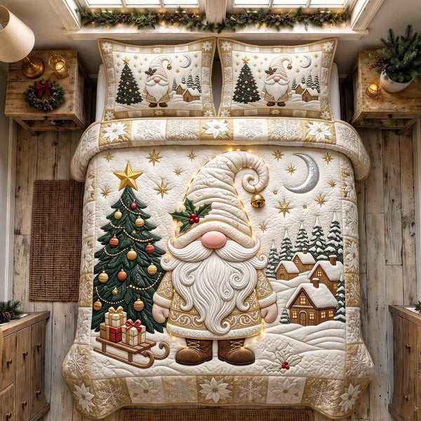 Cozy Christmas Gnome quilted 3-piece bedding set on a made bed in a winter-styled bedroom