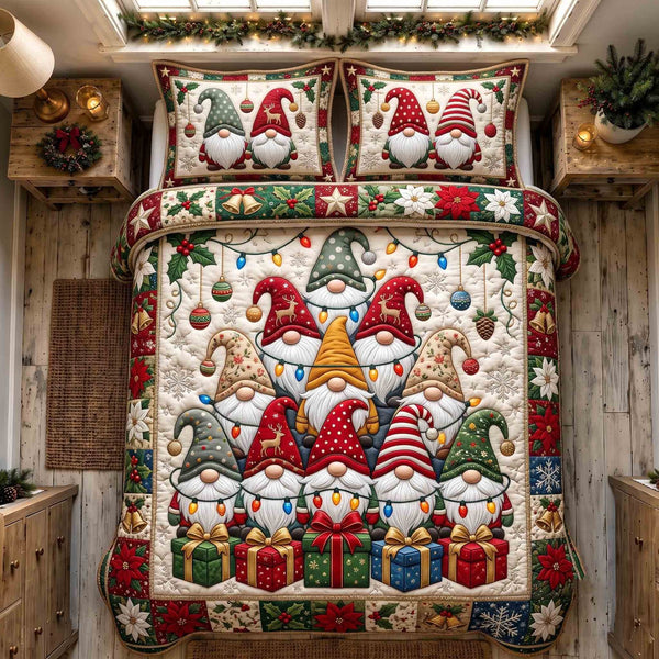 Cozy Christmas Gnome quilted 3-piece bedding set on a made bed in a winter-styled bedroom